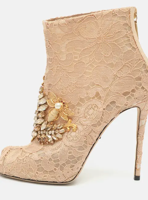 Dolce & Gabbana Bette Size 37 Beige Lace Peep Toe Ankle Length Boots