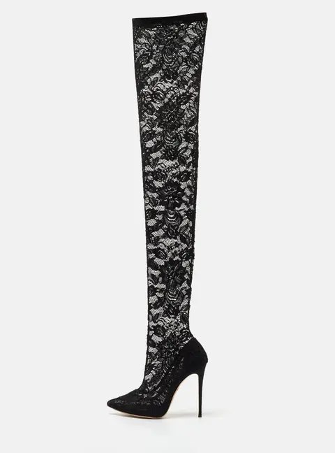 Dolce & Gabbana Size 38 Black Lace and Mesh Knee Length Boots