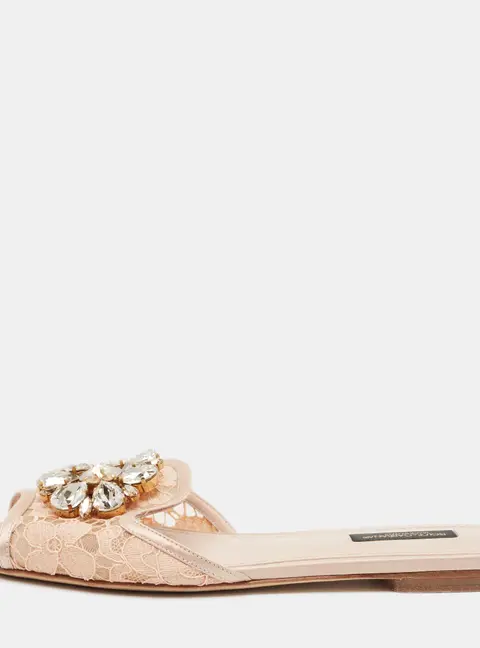 Dolce & Gabbana Bianca Size 37 Beige Lace Crystal Embellished Flat Sandals