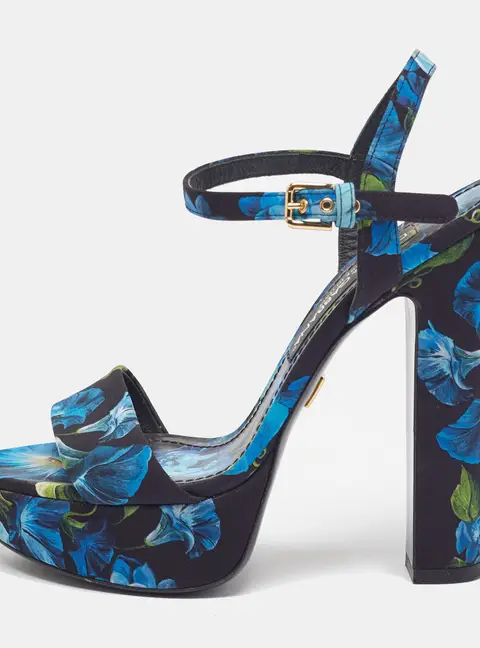 Dolce & Gabbana Keira Size 38 Blue Brocade Fabric Platform Sandals