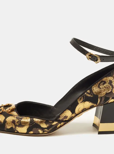 Dolce & Gabbana DG Logo Size 37.5 Black/Gold Brocade Fabric Ankle Strap Pumps