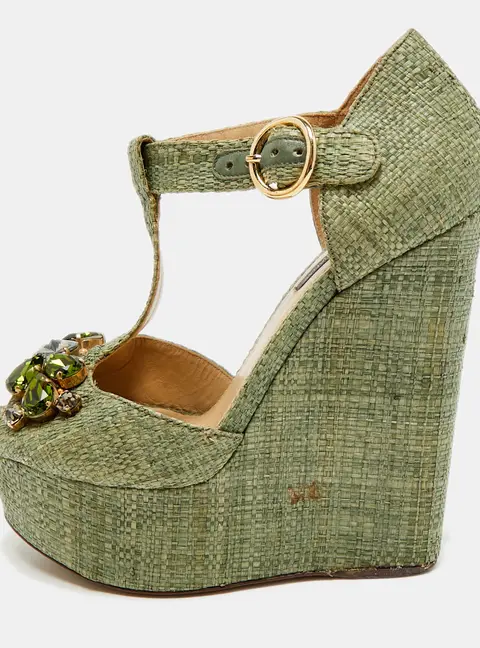 Dolce & Gabbana Bianca Size 35 Green Raffia Wedge Sandals