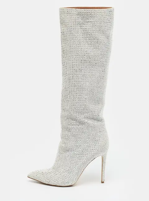 Paris Texas Size 41 Grey Suede Crystal Embellished Stiletto Boots
