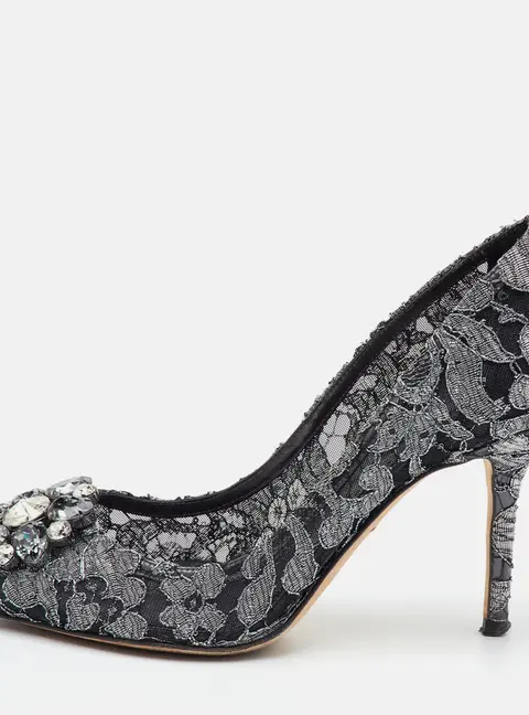 Dolce & Gabbana Bellucci Size 37 Metallic Grey Lace Crystal Embellished Pumps