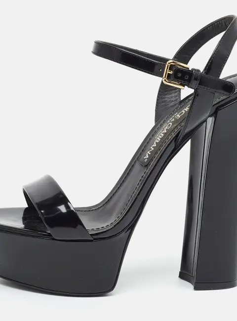 Dolce & Gabbana Keira Size 38 Black Patent Leather Ankle Strap Sandals