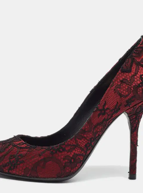 Dolce & Gabbana Size 37 Burgundy/Black Lace and Satin Open Toe Pumps