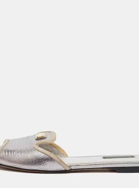 Dolce & Gabbana Sofia Size 38 Silver Lizard Embossed Leather Flat Slides