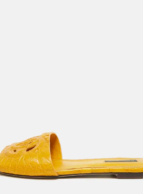 Dolce & Gabbana DG Logo Size 38.5 Yellow Croc Embossed Leather Flat Slides