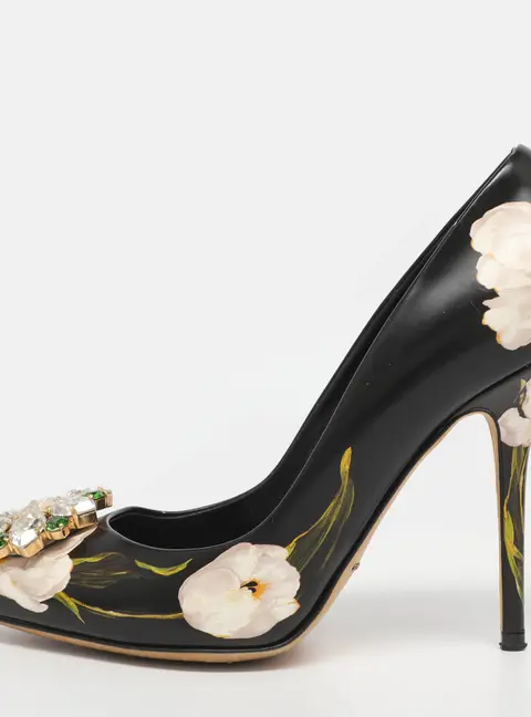 Dolce & Gabbana Size 38 Black Floral Print Leather Crystal Embellished Pointed Toe Pumps