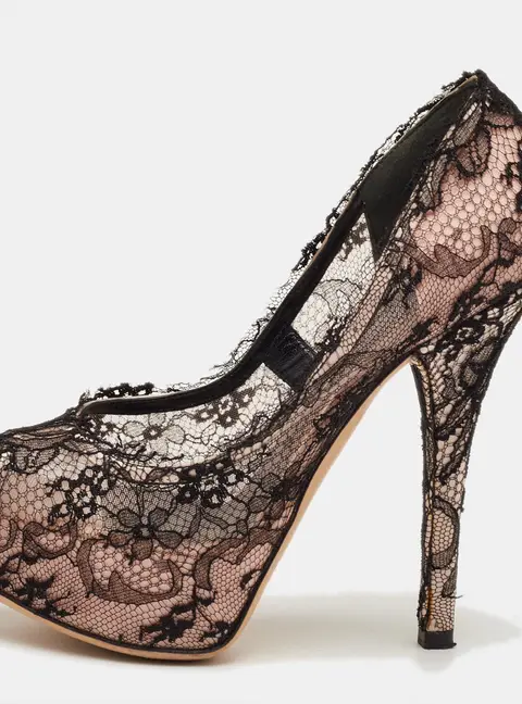 Dolce & Gabbana Size 35 Light Pink/Black Lace Platform Peep Toe Pumps