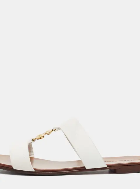 Dolce & Gabbana Bianca DG Logo Size 38 White Leather Flat Slide