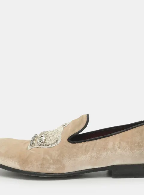 Dolce & Gabbana Embellished Size 37 Beige Velvet Smoking Slippers