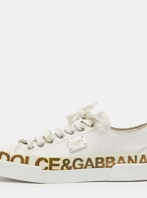 Dolce & Gabbana Portofino Size 40 White/Gold Leather and Rubber Lace Up Sneakers