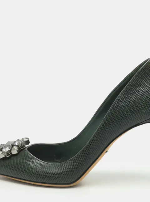 Dolce & Gabbana Bellucci Embellished Size 39 Green Lizard Embossed Leather Pumps