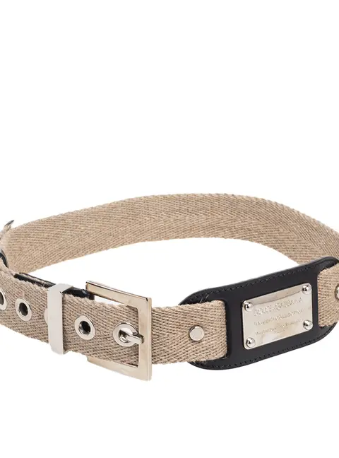Dolce & Gabbana Beige Canvas and Leather Plaque Detail Waist Belt 70CM