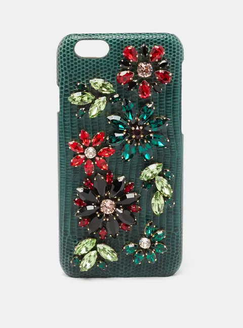Dolce & Gabbana Green Lizard Embossed Leather Crystal Embellished  iPhone 6 Case