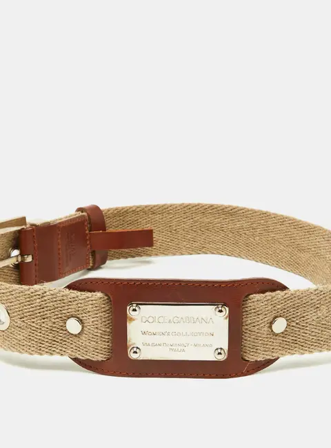 Dolce & Gabbana Beige Canvas and Leather Plaque Detail Waist Belt 65CM