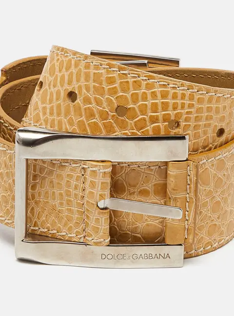 Dolce & Gabbana Buckle Belt Cream Crocodile Embossed Leather