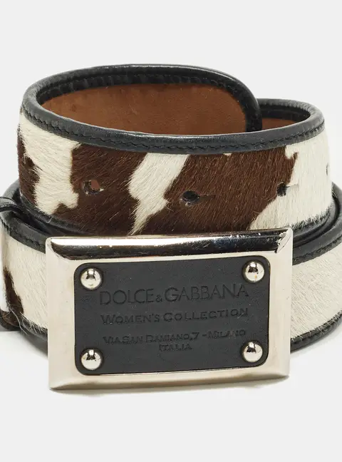 Dolce & Gabbana 85CM Logo Plague Waist Belt Brown Printed Calfhair
