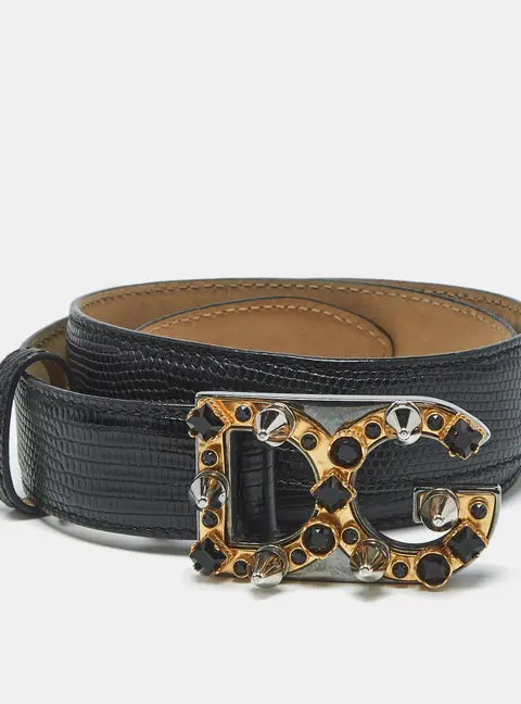 Dolce & Gabbana Logo Studded 70CM Black Lizard Embossed Leather