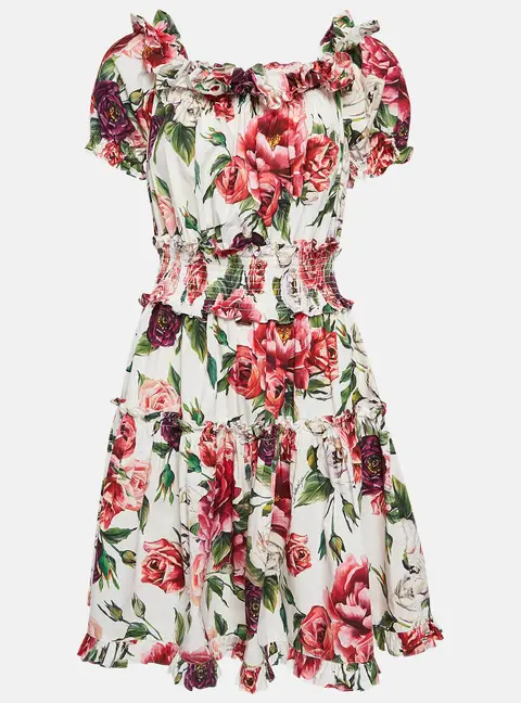 Dolce & Gabbana White Floral Print Cotton Ruffled Dress L