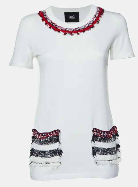 Dolce & Gabbana White Cotton Tweed Trimmed T-Shirt S