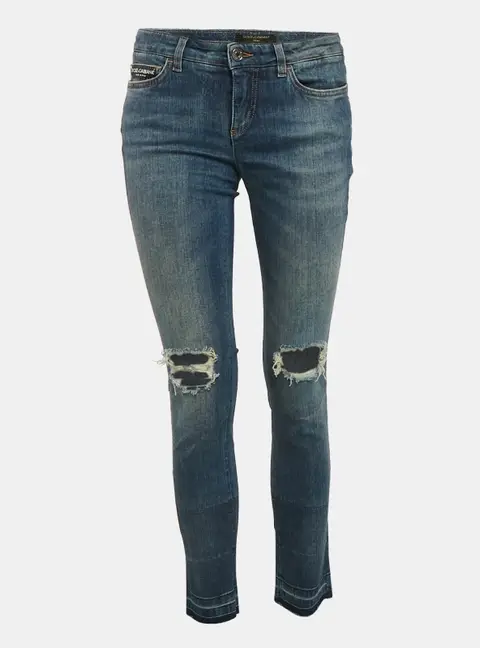 Dolce & Gabbana Blue Logo Applique Denim Ripped Jeans S Waist 29"