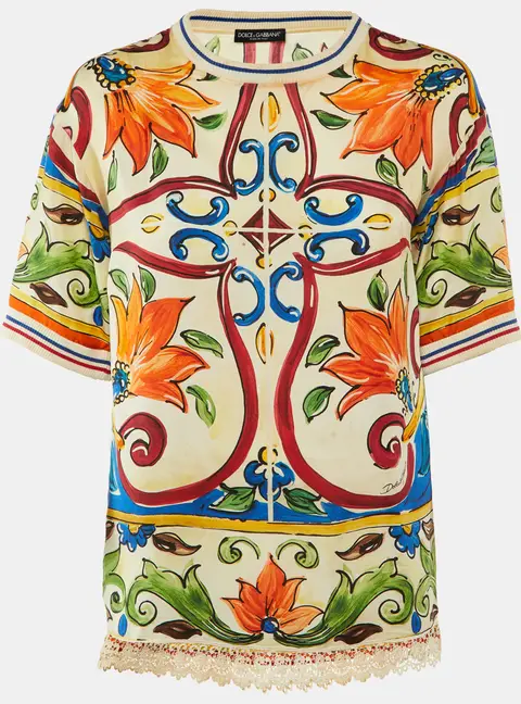 Dolce & Gabbana Multicolor Majolica Print Silk Lace Trim Top S
