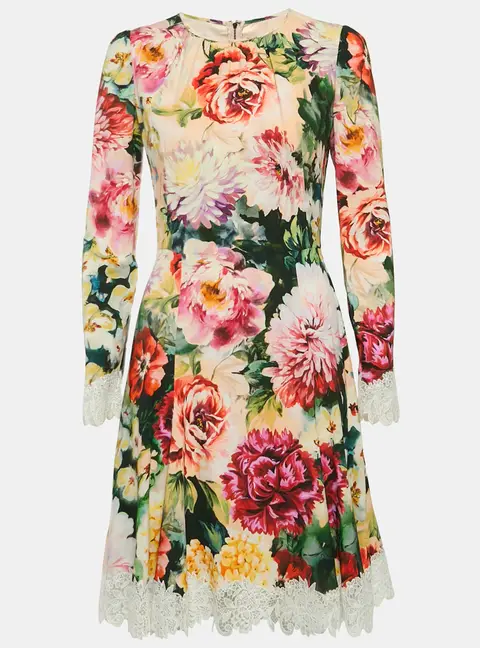 Dolce & Gabbana Pink Floral Print Crepe Lace Trim Short Dress M