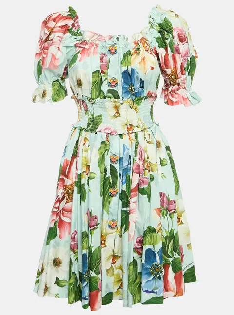 Dolce & Gabbana Blue Floral Print Poplin Shirring Tiered Mini Dress M