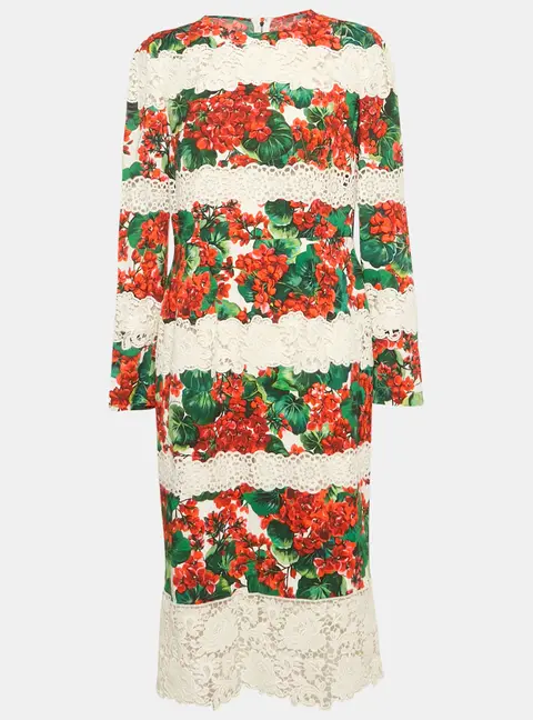 Dolce & Gabbana Multicolor Floral Print Crepe Lace Panel Detail Midi Dress XL