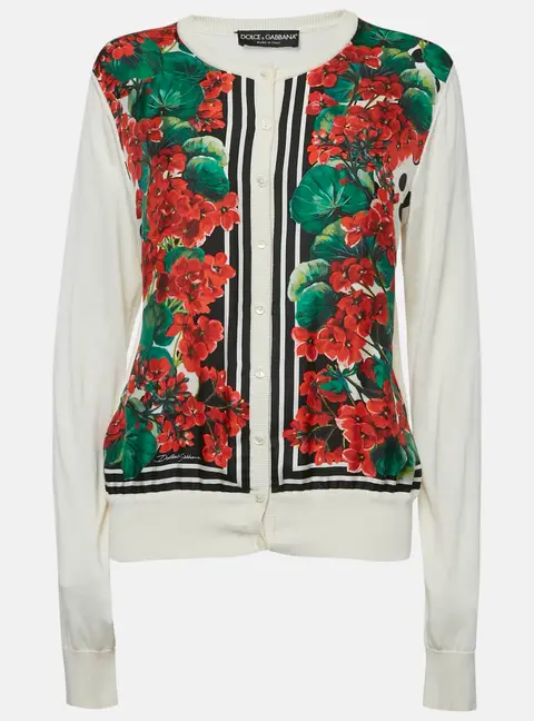 Dolce & Gabbana Cream Printed Silk Cardigan XL