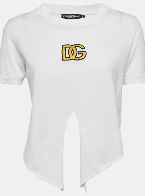Dolce & Gabbana White Logo Embroidered Jersey Crop T-Shirt S