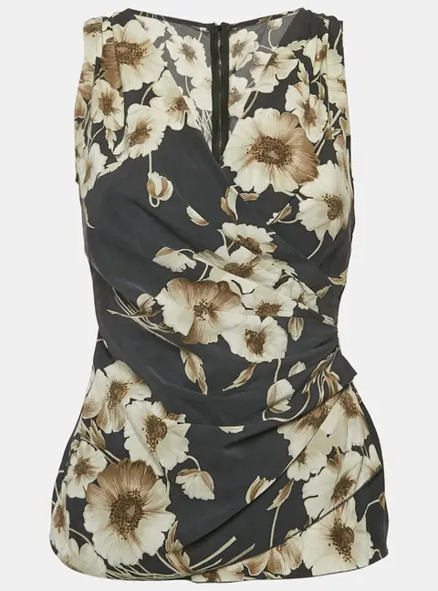Dolce & Gabbana Dark Grey Floral Print Silk Blend Draped Top S