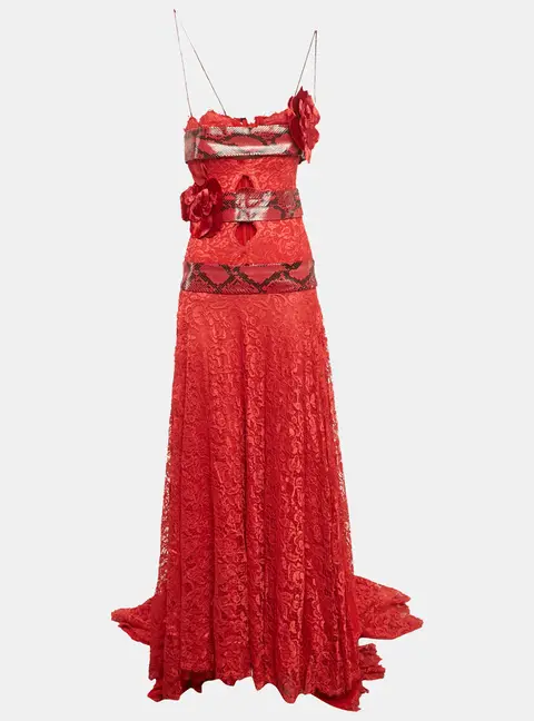 Dolce & Gabbana Red Snakeskin Leather Trim Lace Slit Detail Gown S