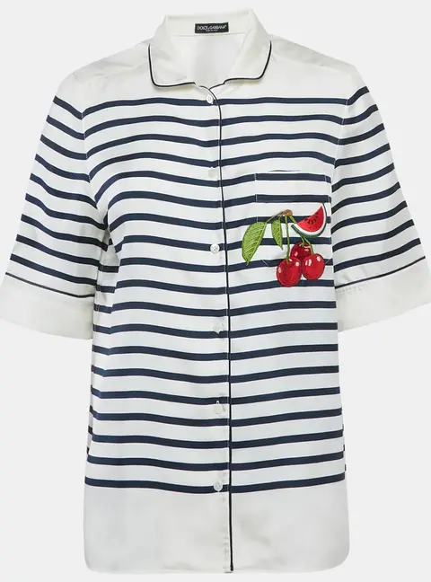 Dolce & Gabbana Ivory Striped Silk Short Sleeve Shirt S