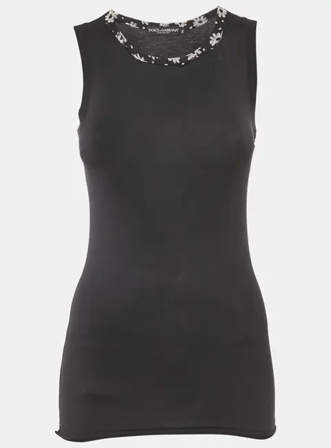 Dolce & Gabbana Black Floral Silk Trim Jersey Sleeveless Top XS