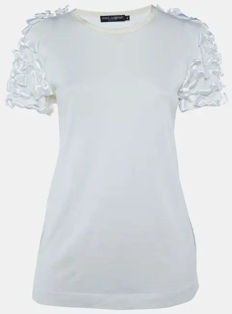 Dolce & Gabbana White Cotton Knit Bow Detail T-Shirt L