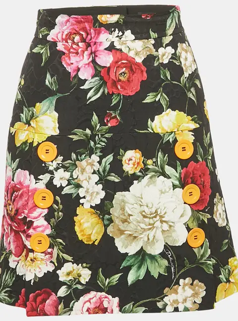 Dolce & Gabbana Black Floral Print Button Detail Jacquard Mini Skirt XS