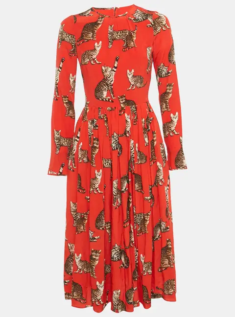Dolce & Gabbana Red Cat Print Silk Midi Dress S