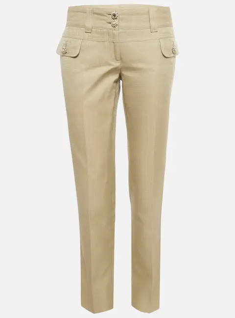 Dolce & Gabbana Beige Cotton Blend Bejeweled Slim Fit Trousers M
