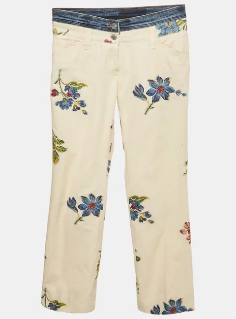 Dolce & Gabbana Cream Floral Cross Stitch Printed Cotton Pants S Waist 29"