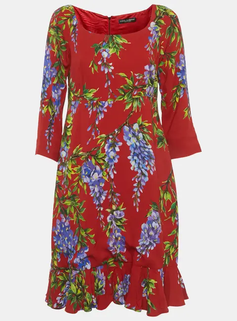Dolce & Gabbana Red Floral Print Crepe Mini Dress M