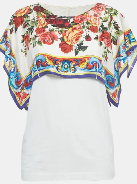 Dolce & Gabbana White Floral Print Silk and Jersey Top S