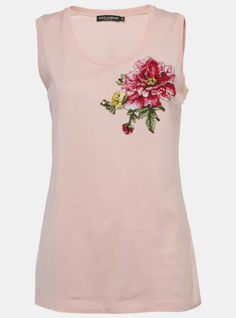 Dolce & Gabbana Pink Floral Embroidered Jersey Tank Top S