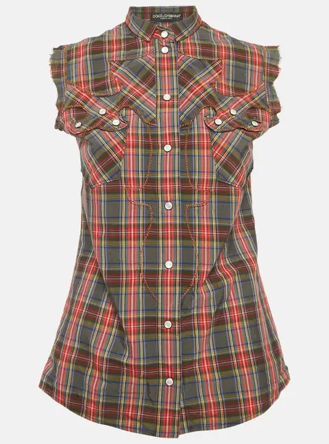 Dolce & Gabbana Grey/Red Plaid Cotton Pearl Snap Button Detail Sleeveless Shirt S