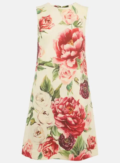 Dolce & Gabbana Cream Rose Print Wool Blend Shift Mini Dress S