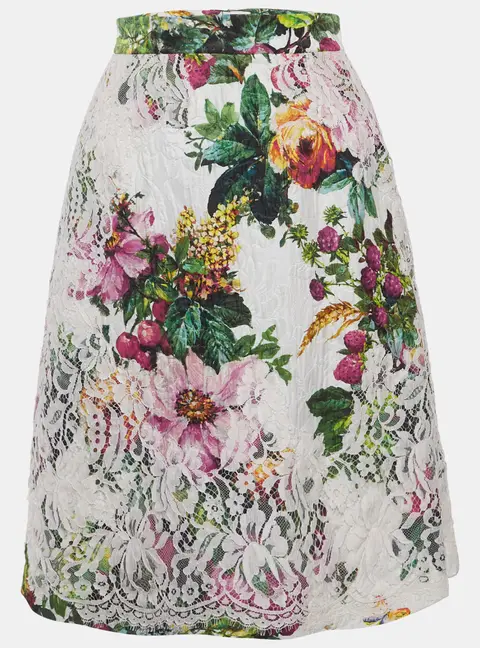 Dolce & Gabbana White Floral Jacquard Lace-Trimmed Skirt XS