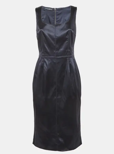 Dolce & Gabbana Navy Blue Satin Sheath Midi Dress M