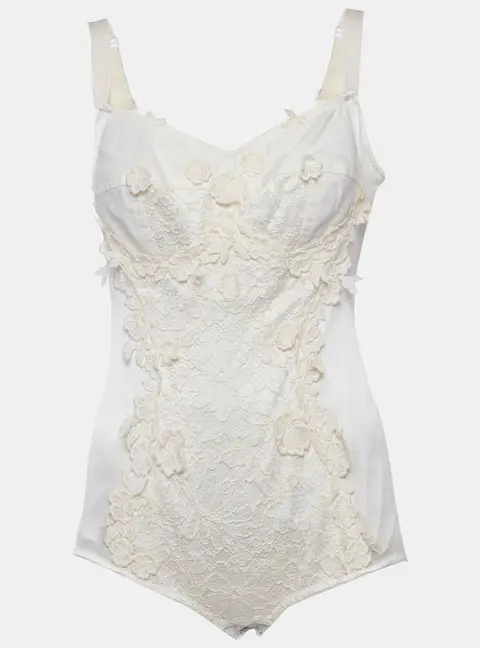 Dolce & Gabbana Cream Silk Blend Lace Detail Bodysuit M